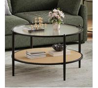 AFF Table Basse Ronde 2 Niveaux Ø78cm,Plateau Verre Strié, Étagère Rotin,Structure Métal,Table d’Appoint Minimaliste Salon Moderne