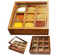 affaires Stylla London® Masala Dabba Boîte à épices indienne en bois avec couvercle en verre sur le dessus et cuillère en bois de sheesham et palissandre
