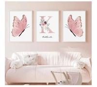 Affiche Chambre Fille Papillon Florale Decoration Murale Poster Chambre Rose Blanc Tableau Prenom Toile Enfant sans Cadre 30x40cm
