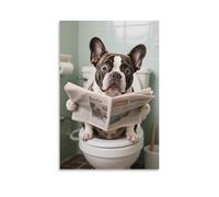 Affiche Chien Français Bouledogue lisant des journaux dans le bain - Impression murale 3D drôle pour salle de bain - Décoration murale humoristique abstraite d'animaux - Variété de tailles en toile