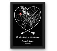 Affiche couple lieu de rencontre personnalisée - Cadeau Saint-Valentin | Décoration murale romantique, une carte en forme de cœur, vos prénoms, votre ville et la date, là où tout a commencé
