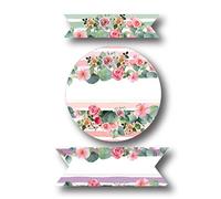Affichesstore 30305 - Lot de 65 Stickers - 5 Feuilles de 13 Etiquettes Adhésives - Autocollants Bandes et Ronds 50mm - Roses sur Fond Rayures