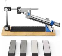 Affûteur de couteaux - Système d'affûtage à angle fixe - Quatre pierres à aiguiser - Acier inoxydable - Base en bois antidérapante - Pour couteaux de cuisine et d'extérieur - Écologique - Bleu