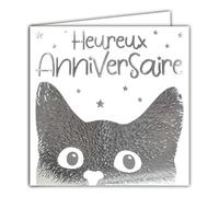 Afie 22006 Carte Carrée Argentée Heureux Anniversaire Chat Chaton qui regarde Texture pelage poils