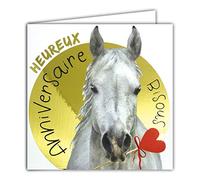 Afie 22061 Carte Carrée Heureux Anniversaire Bisous Cheval Blanc Cœur Rouge fond Or Doré Brillant Texturé Effet Relief 22061