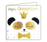 Afie 22067 Carte Joyeux ANNIVERSAIRE Panda en Or Doré Brillant - Carte carrée 145x145mm avec enveloppe - Fabrication Française ; Couronne ; Roi ; Reine ; Princesse ; Nœud Papillon ; étoiles ;