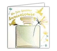 Afie 22068 Carte Heureux ANNIVERSAIRE en Or Doré Brillant - Carte carrée 145x145mm avec enveloppe - Fabrication Française ; Flacon ; Parfum ; Fleurs ; Graines ; Oiseaux ; Liberté ; Femme ; Fille ;