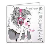 Afie 22071 Carte Heureux ANNIVERSAIRE Jeune Fille I love Music t-shirt Argenté Brillant - Carte carrée 145x145mm avec enveloppe - Fabrication Française