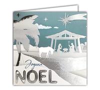 AFIE 23022 Carte Carrée Joyeux Noël Crèche Argentée Brillante Etoile Palmier Ane Fêtes de fin d'année - Avec Enveloppe Blanche