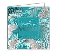 AFIE 23037 Carte Carrée Bonne Année Meilleurs Vœux Argenté Brillant Feuilles Palmiers Bananiers Monstera Tropical Exotique Fêtes de fin d'année - Avec Enveloppe Blanche