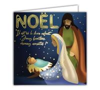 AFIE 23071 Carte Joyeux Noël Crèche Carte Carrée Joyeux Noël Meilleurs Vœux en Or Doré Brillant avec Enveloppe Blanche 15x15cm - Crèche Petit Jésus Marie Joseph Chant Il est né le divin enfant