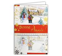 AFIE 61-3011-1 Carte BONNE ANNÉE Rouge avec OR Doré qui brille Enfants Bonhomme de neige Flocons Village Sapins - Format 17x11,5cm avec Enveloppe