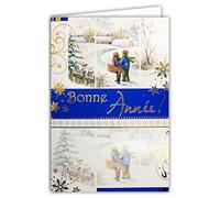 AFIE 61-3011-2 Carte BONNE ANNÉE Bleue avec OR Doré qui brille Enfants Village sour la Neige Flocons Oiseau Rouge-gorge Sapins - Format 17x11,5cm avec Enveloppe