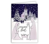 AFIE 61-5816 Carte Joyeux Noël Argenté Brillant Scintillant avec Enveloppe Blanche Format 12x17,5cm - Illustration Crèche Stylisée Jésus Marie Joseph Mangeoire église Messe Sapin Neige Paysage
