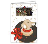 Afie 61-6055 Carte Joyeux Noël avec Enveloppe et Collage EN RELIEF en or doré brillant scintillant étincelant Gentil Chien qui sourit avec Collier Couronne de Noël Nœud Ruban Rouge Fêtes Fin d'Année