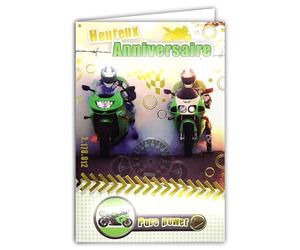 AFIE 67-1014/2 Carte Heureux Anniversaire en Or Doré Brillant Moto Verte pour Garçon Homme avec Enveloppe Blanche 12x17,5cm Motard Casque Course Compteur Vitesse Circuit Drapeau à Damier Championnats