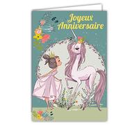 Afie 67-1110 Carte Joyeux Anniversaire Licorne Poney Fille Princesse Couronne Fleurs Roses