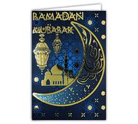 AFIE 68-9002 Carte Ramadan Mubarak en Or Doré Brillant Musulmans Mois Saint Jeûne Laylat al-Qadr Aïd el-Fitr Fête Islamique Croissant Lune Piliers Mosquée Lanterne Enveloppe Blanche Format 17,5x12cm