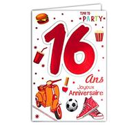 Afie 69-2116 Carte Joyeux Anniversaire 16 ans Rouge Brillant Ados Garçon Fille Scooter Cadeaux Basket Foot