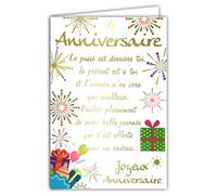 Afie 69-3010 Carte ANNIVERSAIRE grand texte mots en dorure OR doré qui brille feu d'artifice cadeaux ; Livrée avec enveloppe couleur assortie ; Format Carte fermée 11,5x17cm ; Fabriqué en France ;