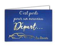 AFIE 69-5102 Carte nouveau DÉPART AU REVOIR Voiture en Or Doré Brillant ; Livrée avec enveloppe ; Format Carte fermée 17x11,5cm ; fond Bleu ; : Carte Au Revoir 115x170