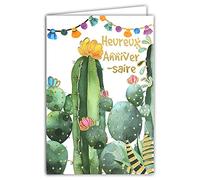 Afie 69-7065 Carte Heureux Anniversaire Cactus Fleurs Pompons Noir et Or Dorée Fêter Souhaiter Brillant Chic Tendance à la mode