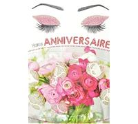Afie Carte Heureux Anniversaire avec Paillettes Femme qui sent un bouquet de Fleurs Roses et Blanches Maquillage Mascara Fabriqué en France