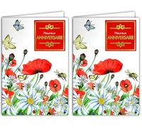 AFIE Carte Heureux Anniversaire Bouquet Fleurs Marguerites Coquelicots Rouges Papillons avec Dorure Or Doré Fabriqué en France 65-1226 (Lot de 2)