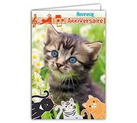 AFIE Carte Heureux Anniversaire Chaton Petits Chats Mignons Fleurs Paquerettes Musique Portée e Sol Notes Fabriqué en France 67-1114