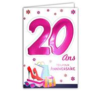 Age Mv 69-2022 Carte Anniversaire 20 ans Fille Jeune Femme motif Chaussures Talons aiguilles Mode Shopping Sac à main Lunettes de soleil Star Fleurs