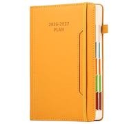 Agenda académique 2026-27, format A5, une page par jour, de juillet 2026 à juin 2027, couverture rigide avec porte-stylo, poche avant, onglet mensuel coloré, fermeture élastique (jaune)