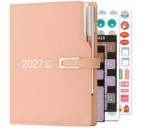 Agenda académique 2027 - Format A5 - Un jour par page - Avec autocollants calendrier - Avec porte-stylo et stylo - Papier épais de qualité supérieure - 14 x 21,5 cm - Rose