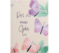 Agenda De Poche Format A5 2025 « Mein Jahr », 1 Semaine Sur 2 Pages, Avec Couverture Rigide Rembourrée, Motif Papillon Et Ruban Marque-Page