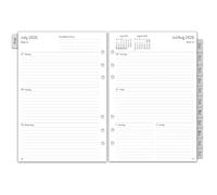 Agenda semainier 2026-2027 au format A5, 6 trous, 1 semaine sur 2 pages avec aperçu mensuel, notes, contact, août 2026-juil 2027, 100 g/m², recharge pour calendrier 26/27, 153 x 21 mm