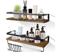 AGM Etagere Murale Lot de 2, Etagères Murales Flottantes en Bois, Porte-Serviettes et Crochets Amovible, Charge Maximale 15kg pour Salon, Chambre, Bureau, Salle de Bain, Cuisine (Marron Foncé)