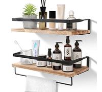 AGM Etagere Murale Lot de 2, Etagères Murales Flottantes en Bois, Porte-Serviettes et Crochets Amovible, Charge Maximale 15kg pour Salon, Chambre, Bureau, Salle de Bain, Cuisine