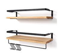 AGM Lot de 2 étagères murales flottantes en Bois pour Chambre à Coucher, Salle de Bain, Salon, Cuisine avec 1 Barre Porte-Serviettes et 8 Crochets en S, Charge maximale de 15 kg