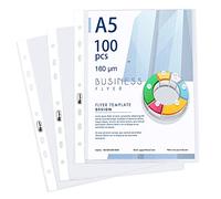 Agoer Pochettes Plastiques A5 7 trous 160 Microns Extra Épaisses 100 Pièces | Pochettes A5 résistantes avec ouverture en haut et bords renforcés pour protéger papiers, fichiers et documents.