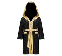 Agoky Peignoir De Boxe Enfant Garçon Satin Robe à Capuche Manches Longues Kimono Muay Thaï Kickboxing Peignoir 5-16 Ans Noir 13-14 ans