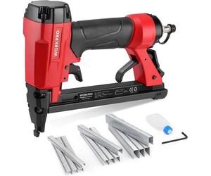 Agrafeuse Pneumatique avec 1884 Agrafes WORKPRO, Cloueuse Pneumatique Utilisée les Agrafes de Type 71/6-16 mm, Idéal pour Bricolage, Décoration, Murale, Tapisserie, Bois