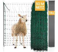 Agrarzone Filet pour moutons clôture électrique pour moutons, vert 50m x 90cm - Clôture électrique pour pâturage - Avec double pointe et poteaux - Clôture de protection pour moutons, chèvres, agneaux