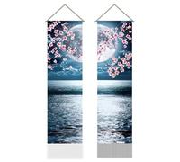 AHANDMAKER Lot de 2 tapisseries murales verticales à suspendre au motif d'anime japonais, océan, lune, cerisier, fleur de cerisier, tapisserie murale pour salon, art mural, entrée (115,7 x 33 cm)