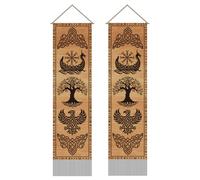 AHANDMAKER Lot de 2 tapisseries panneau en bois Vikings, Arbre de vie et corbeau tapisserie murale longue verticale à suspendre, tapisseries murales à glands rune mythologie pour décoration chambre
