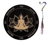 AHANDMAKER Planche de Pendule de sorcière, Métaphysique de Divination Radiesthésie Planche en Bois Sculpté avec Un Cristal Collier Planche à Pendule Ronde kit Fournitures D'Autel, Bouddha Lotus