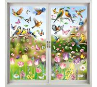 AhfuLife 9 Feuilles Sticker Fenêtre Printemp Réutilisable Facile à Poser, Autocollant de Fenêtre Printemps Électrostatique avec Motif de Papillon Oiseau Fleurs pour Décor Vitres Pâques (style 6)
