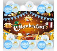 AhfuLife Bavaroise Oktoberfest Bannière et Ballon Set, Toile de Fond Bavière Oktoberfest 180×110 cm et 15Pcs Ballon Bleu et Blanc pour Decor Fête de Bière Jardin Tentes de Bière Carnaval