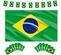 AhfuLife Drapeau Brésilien Decoration Kits, 90x150cm Drapeau Brésil, 12m Guirlande Drapeau Brésil et 12Pcs Petit Drapeaux Brazil 14 x 21cm pour Coupe du Monde Fête Nationale Jardin Décoration