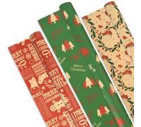 AhfuLife Papier Cadeau Noël Gros Rouleau 60CM×6.5M, 3 Rouleau Grande Longueur Papier Kraft Noël avec Jolis Motifs de Joyeux Noel - Bonhomme de Neige - Pour Emballage Géant Cadeau Noel