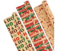 AhfuLife Papier Cadeau Noël Gros Rouleau 60CM×6.5M, 3 Rouleau Grande Longueur Papier Kraft Noël avec Jolis Motifs de Père Noel - Renne - Lettre Ho Pour Emballage Géant Cadeau Noel