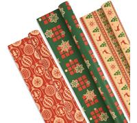 AhfuLife Papier Cadeau Noël Gros Rouleau 60CM×6.5M, 3 Rouleau Grande Longueur Papier Kraft Noël avec Jolis Motifs de Flocon de Neige - Arbre de Noel - Cloches Rounge Pour Emballage Géant Cadeau Noel